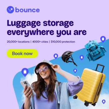 🎟️Unforgettable Holiday Activities and Experiences | Air-Holiday 49 Promo for Bounce luggage storage featuring a woman with sunglasses and travel gear, with icons and floating luggage