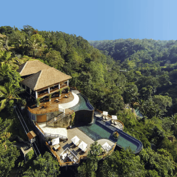 Infinity pool terraces surrounded by jungle