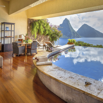 Open-air suite with view of Pitons and private infinity pool