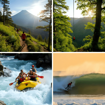 Collage of hiking, ziplining, white-water rafting, and surfing in scenic locations