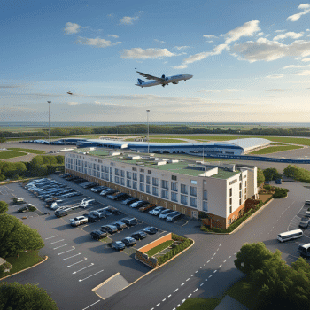 ✈️ Flight Search and Travel Deals All in One Place – Compare, Save, Go! 19 Modern airport hotel with car park and airplane taking off in the background