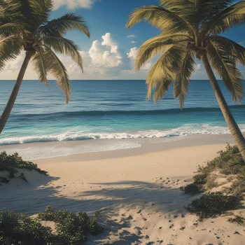 Quiet sandy beach with turquoise water, palm trees, and gentle waves