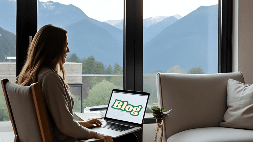 Woman reading a blog on her laptop with mountains behind her — featuring our own travel ideas and guides plus tips