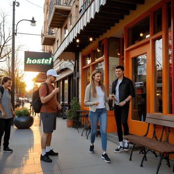 Young travellers chatting outside a vibrant orange hostel building at sunset