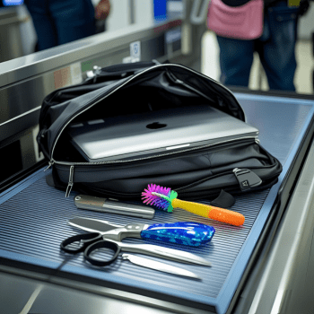 Open cabin bag on an airport security scanner with visible laptop, scissors, knives, and a colourful brush. Cabin bag rules