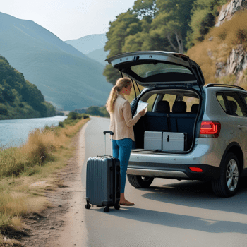 Compare Car Hire Prices 11 Woman with suitcase reading a document next to an open car boot on a quiet road by a river