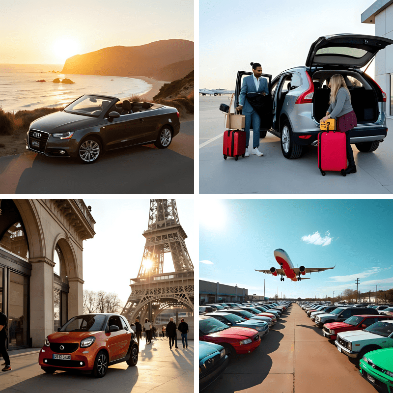 Compare Car Hire Prices 10 Four images showing: convertible by the coast, couple loading suitcases into SUV, compact car near Eiffel Tower, and airport car park with landing plane