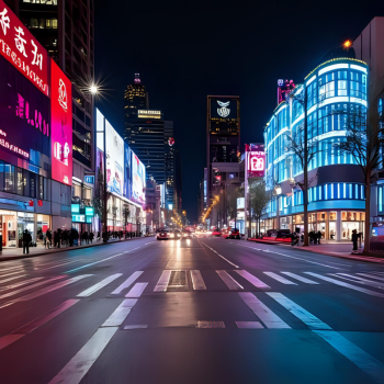 Wide city street at night with illuminated signs, shops, and buildings