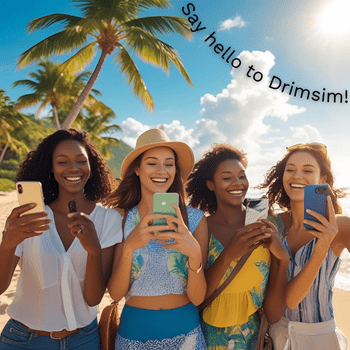 🎟️Unforgettable Holiday Activities and Experiences | Air-Holiday 51 Group of smiling women using smartphones on a tropical beach, promoting Drimsim travel SIM