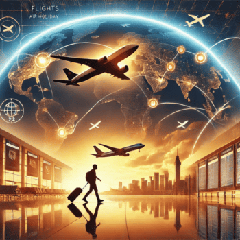 Dramatic image of airplanes flying over a glowing world map with a traveller in an airport, representing international flight routes. Flight search and travel deals all in one place