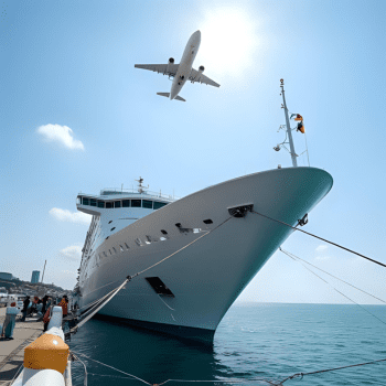 Large cruise ship docked with an airplane flying overhead in a sunny sky