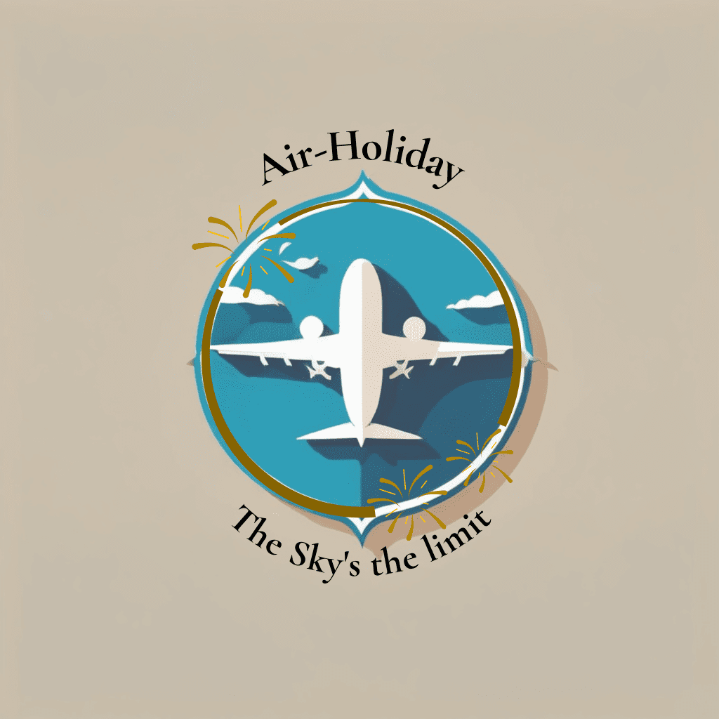 Air-Holiday travel logo featuring a white airplane over a teal sky with the tagline “The Sky’s the Limit”