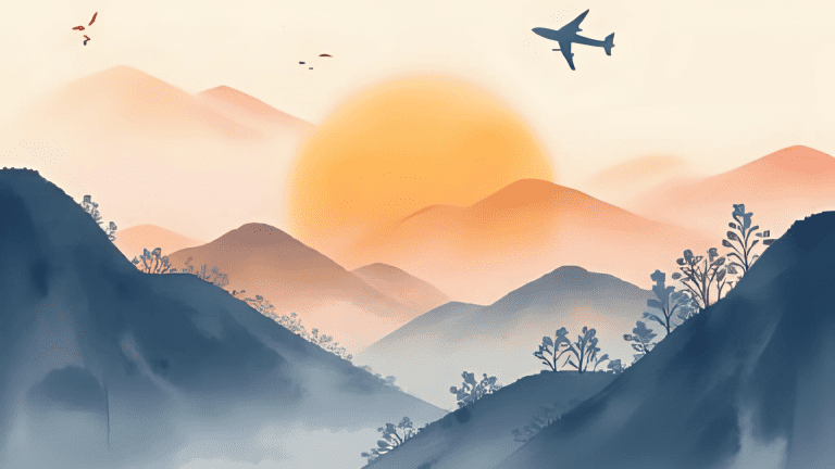 Airplane flying over misty mountains at sunrise – peaceful travel scene
