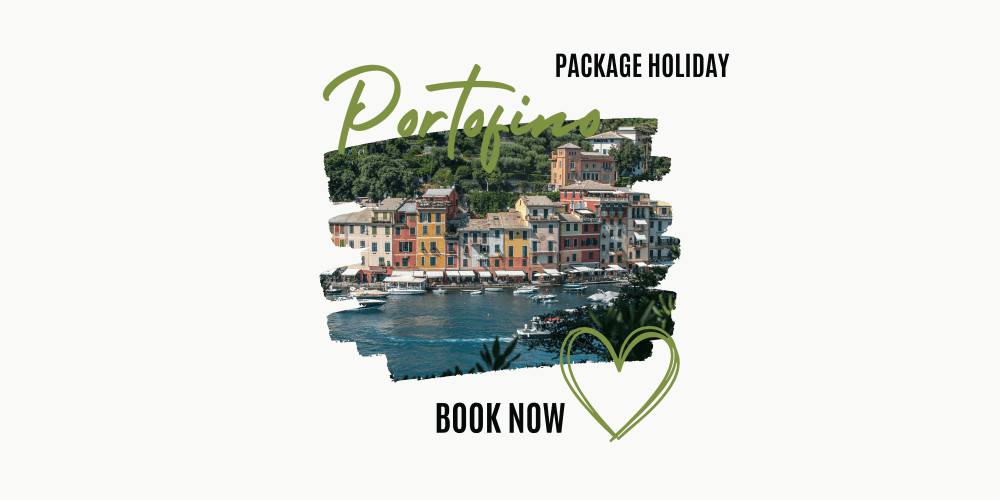 Ultimate Portofino Travel Guide: Best Places to Stay, Eat & Explore 🧭 8 Promotional graphic with the text “Portofino Package Holiday – Book Now” over an image of colourful seaside buildings and boats
