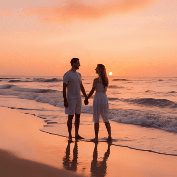 Couple holding hands on a beach at sunset with waves gently washing ashore