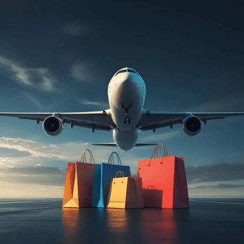 🎟️Unforgettable Holiday Activities and Experiences 89 Shopping with Air-Holiday – airplane flying low over colourful shopping bags at sunset