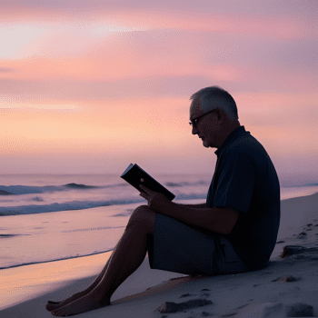 Older man reading a book alone on a beach at sunset, perfect solo holiday's