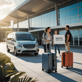 Compare Flights and Travel Essentials 50 Travellers with suitcases being greeted by a shuttle driver outside a modern airport terminal