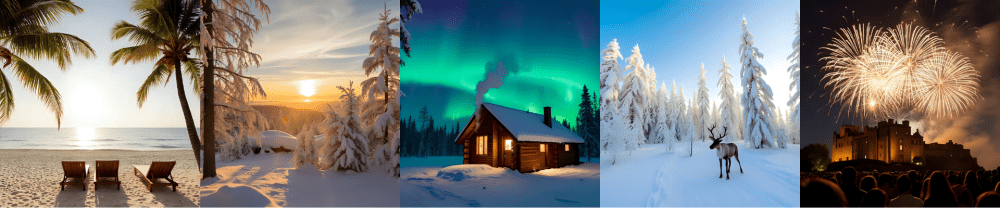 Compare Flights and Travel Essentials 9 Wide banner showing tropical beach chairs, snowy forests at sunrise, a cabin under northern lights, a reindeer in winter woods, and fireworks over a castle. Compare Flights and Travel Essentials