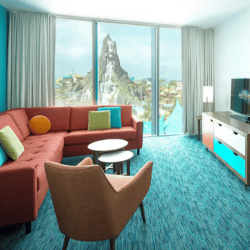 🏖️ Cabana Bay Beach Resort Review with Volcano Bay View – A Fantastic Family Hotel 15 Bright lounge area with red L-shaped sofa, TV, and a panoramic volcano view