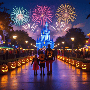 🎃 Spooky Season Travel Deals & Haunted Adventures ✈️👻 12 Family in Halloween costumes walking toward Cinderella’s Castle at night with jack-o’-lanterns lining Main Street and fireworks in the sky