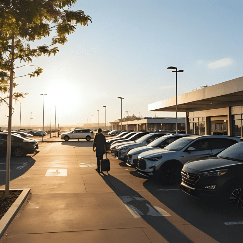 Man walking with suitcase through airport car park at sunrise. Airport Drop-Off Charges 2025