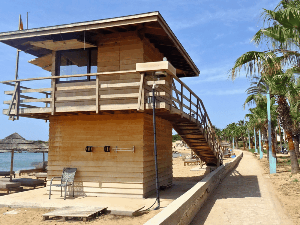 Wooden lifeguard tower beside the beach promenade in Ayia Napa