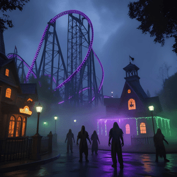 🎃 Spooky Season Travel Deals & Haunted Adventures ✈️👻 14 Spooky scene at Busch Gardens Tampa Bay’s Howl-O-Scream event with a glowing roller coaster, eerie fog, and shadowy figures lurking in the haunted theme park.