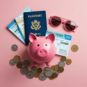 Travel Offers & Discounts 3 Pink piggy bank surrounded by coins, passport, plane tickets, and sunglasses on a pastel background, symbolising travel savings. Travel Offers & Discounts