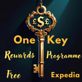Travel Offers & Discounts 5 Illustration of a golden key with currency symbols, promoting Expedia’s free One Key rewards programme.