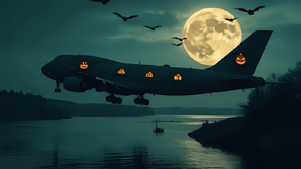 🎃 Spooky Season Travel Deals & Haunted Adventures ✈️👻 6 Spooky Season Travel Deals Silhouette of an airplane decorated with glowing jack-o’-lantern windows flying past a full moon, with bats in the night sky over a river