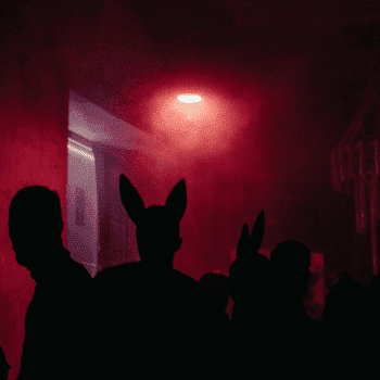 🎃 Spooky Season Travel Deals & Haunted Adventures ✈️👻 11 Silhouettes of people with costume ears standing in a dimly lit, red fog-filled hallway