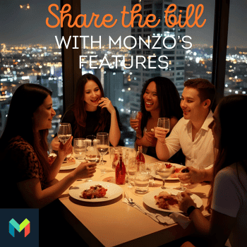 🎟️Unforgettable Holiday Activities and Experiences | Air-Holiday 52 Group of friends enjoying dinner at a city restaurant with Monzo branding and “Share the bill with Monzo’s features” text overlay
