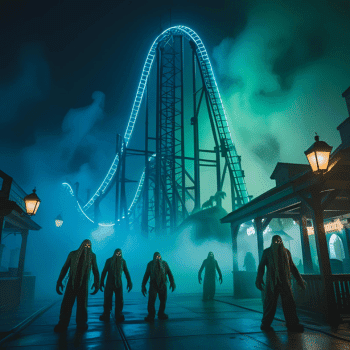 🎃 Spooky Season Travel Deals & Haunted Adventures ✈️👻 13 SeaWorld Orlando’s Howl-O-Scream event with glowing roller coaster tracks, thick fog, and terrifying figures approaching through the mist.