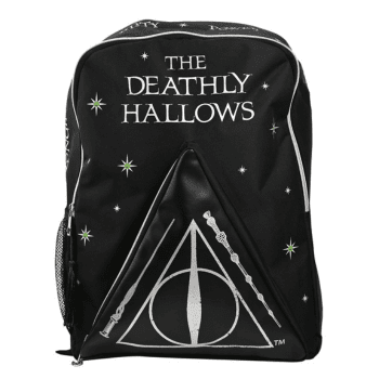 🎃 Spooky Season Travel Deals & Haunted Adventures ✈️👻 26 Black Harry Potter Dark Arts backpack featuring the Deathly Hallows symbol and star accents.