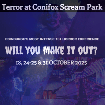 Compare Flights and Travel Essentials 29 Promotional poster for Terror at Conifox Scream Park in Edinburgh, highlighting 18+, immersive horror attractions and dates in October 2025.