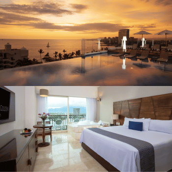 Holiday Accommodation Search Made Easy 23 Infinity pool at sunset and deluxe double room with balcony at Crown Paradise Golden Puerto Vallarta All Inclusive