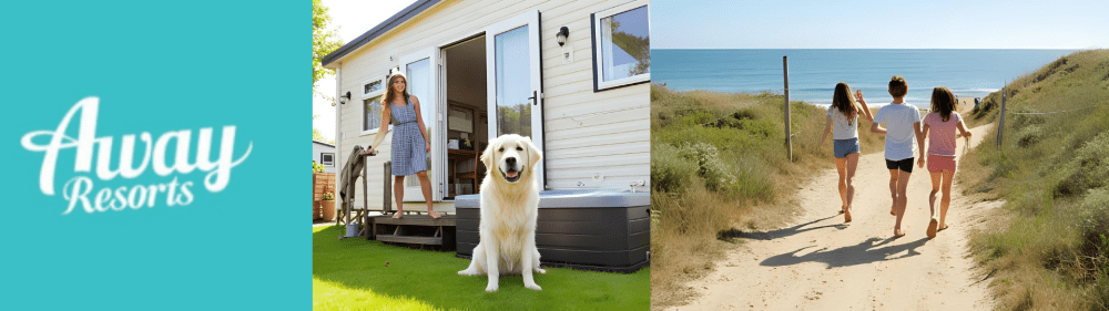 Travel Offers & Discounts 6 Away Resorts banner with logo, family walking to the beach, and woman with dog outside a holiday lodge