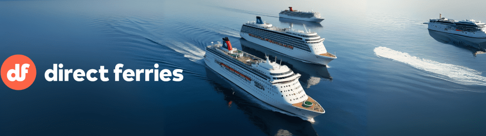 Travel Offers & Discounts 12 Three large white ferries/cruise ships sailing on a calm blue sea with the Direct Ferries “df” logo and wordmark on the left