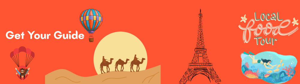 Travel Offers & Discounts 9 Alt Text: GetYourGuide banner showing skydiving, hot air balloon rides, desert camel safari, Eiffel Tower, food tours, and snorkelling – representing worldwide attractions and activities.