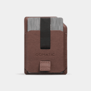 Brown Gomatic Phone Wallet with slim design, card storage, and elastic strap for secure everyday and travel use.