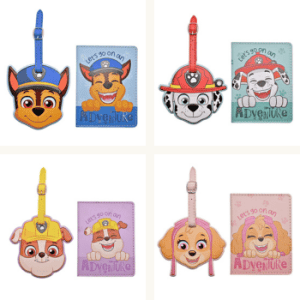 Four Paw Patrol passport and luggage tag sets featuring Chase, Marshall, Rubble, and Skye designs