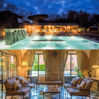 Holiday Accommodation Search Made Easy 21 Night view of outdoor thermal spa pool and elegant lobby at QC Termeroma Spa Resort Rome