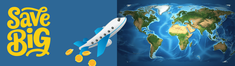 Travel Offers & Discounts 14 Illustration of a plane flying across a world map with gold coins and the text Save Big