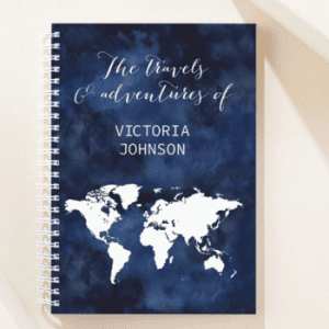 Personalised travel journal with world map cover and custom name