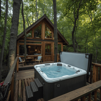 Compare Flights and Travel Essentials 24 Wooden treehouse cabin in the forest with a private hot tub on the deck