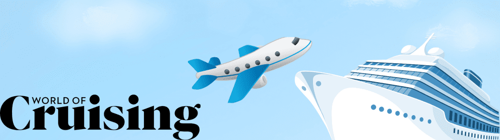 Travel Offers & Discounts 13 Illustration of an airplane flying above a cruise ship with the text World of Cruising