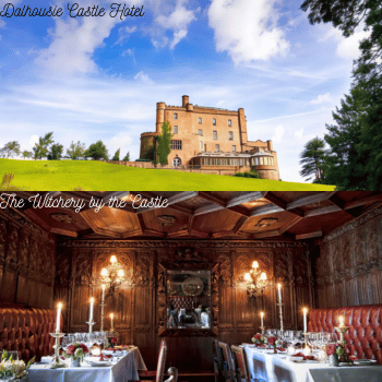 Compare Flights and Travel Essentials 28 Dalhousie Castle Hotel exterior and the candlelit dining room at The Witchery by the Castle in Edinburgh.