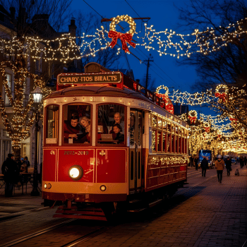 Christmas Market Trip Planner 13 Red tram decorated with Christmas lights passing through a market street at dusk Christmas Markets