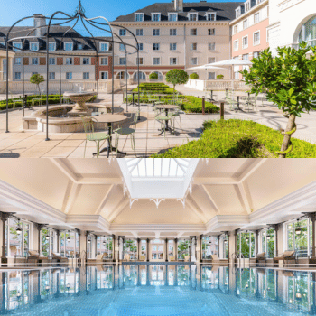 Compare Flights and Travel Essentials 38 Dream Castle Hotel exterior and indoor pool, a 4-star partner hotel near Disneyland Paris.